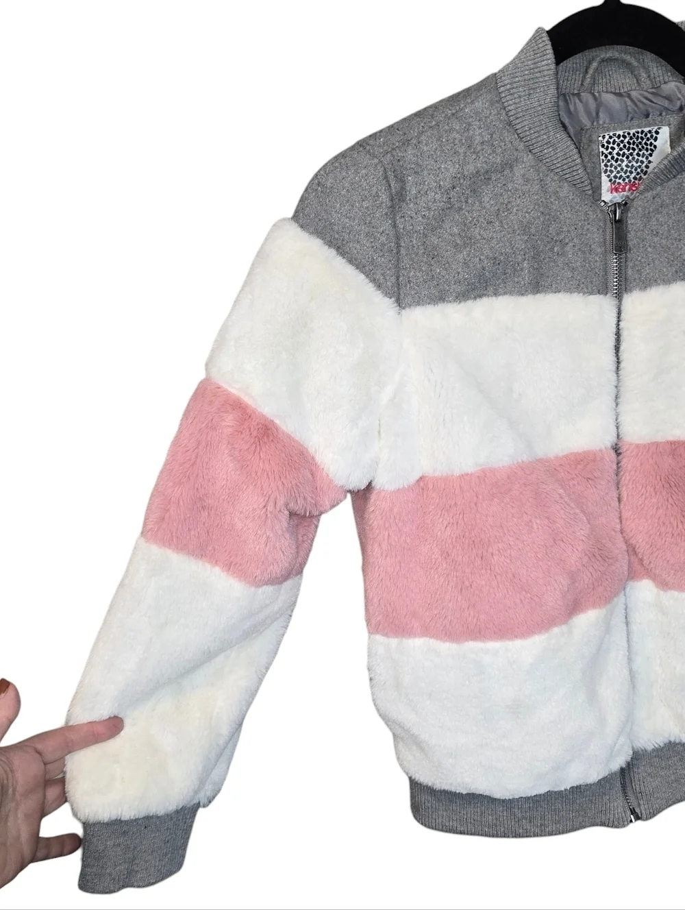 Kensie Girl Faux Fur Pink White Gray Stripe Bomber Jacket Size 10/12
